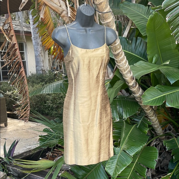 Vintage Dresses & Skirts - vintage metallic, gold bronze, slubbed, silk sheath dress